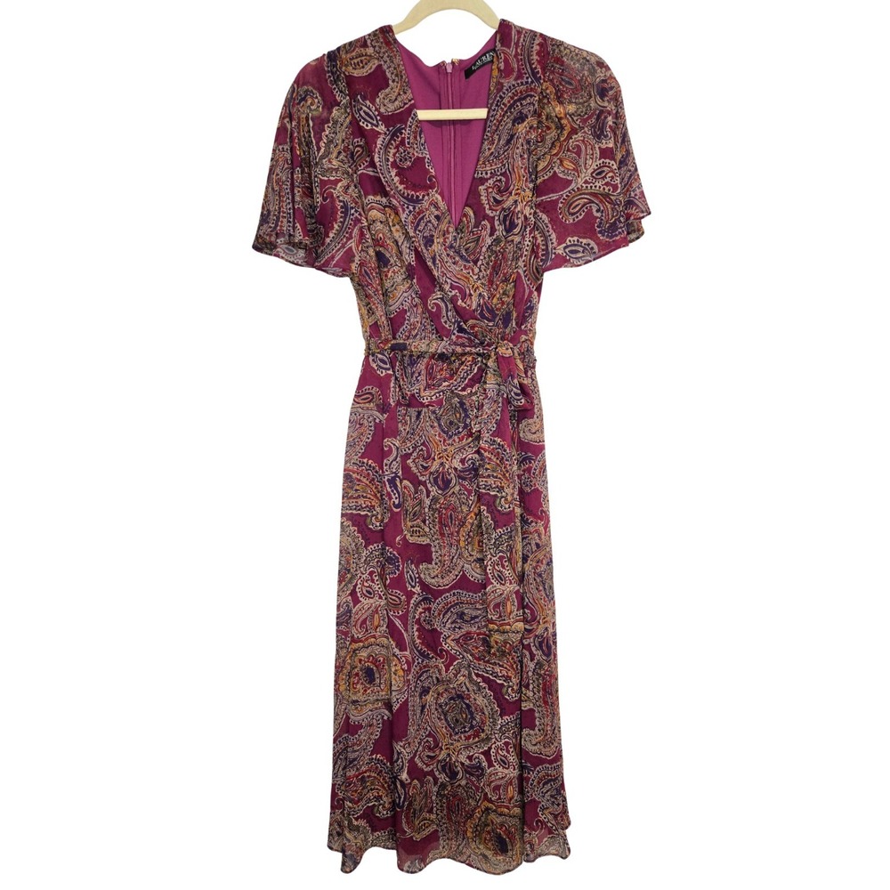 Lauren Ralph Lauren Paisley Print Short Sleeve Midi Dress Burgundy Sz 6 NWT $145